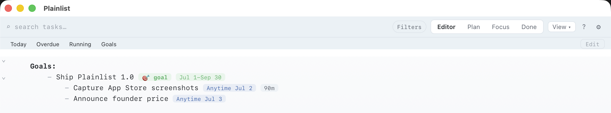 Plainlist filtered to Goals — a goal with a span and nested tasks.