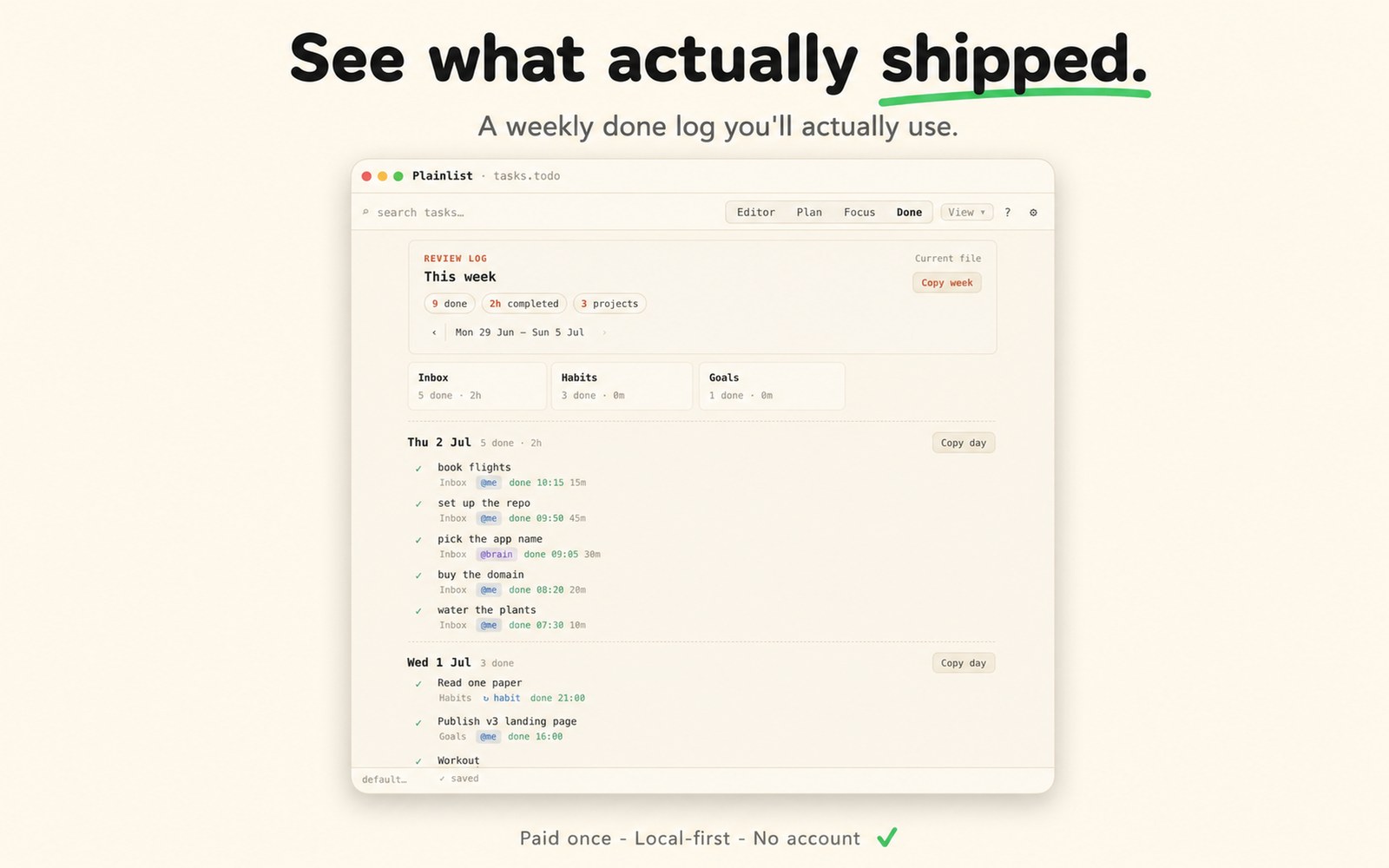 Plainlist Done — a weekly done log of what shipped.
