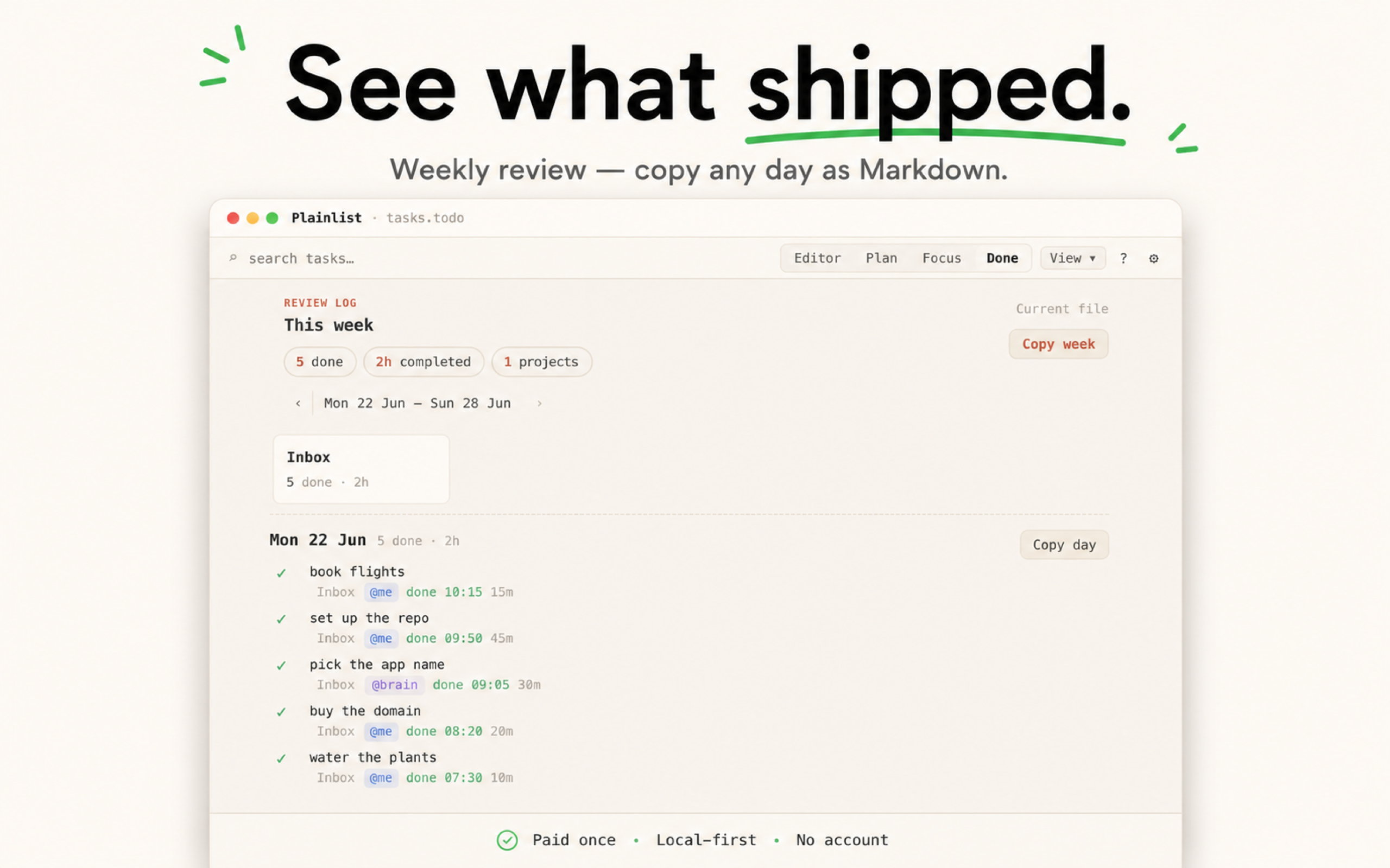 Plainlist Done view — a weekly review log of what shipped.