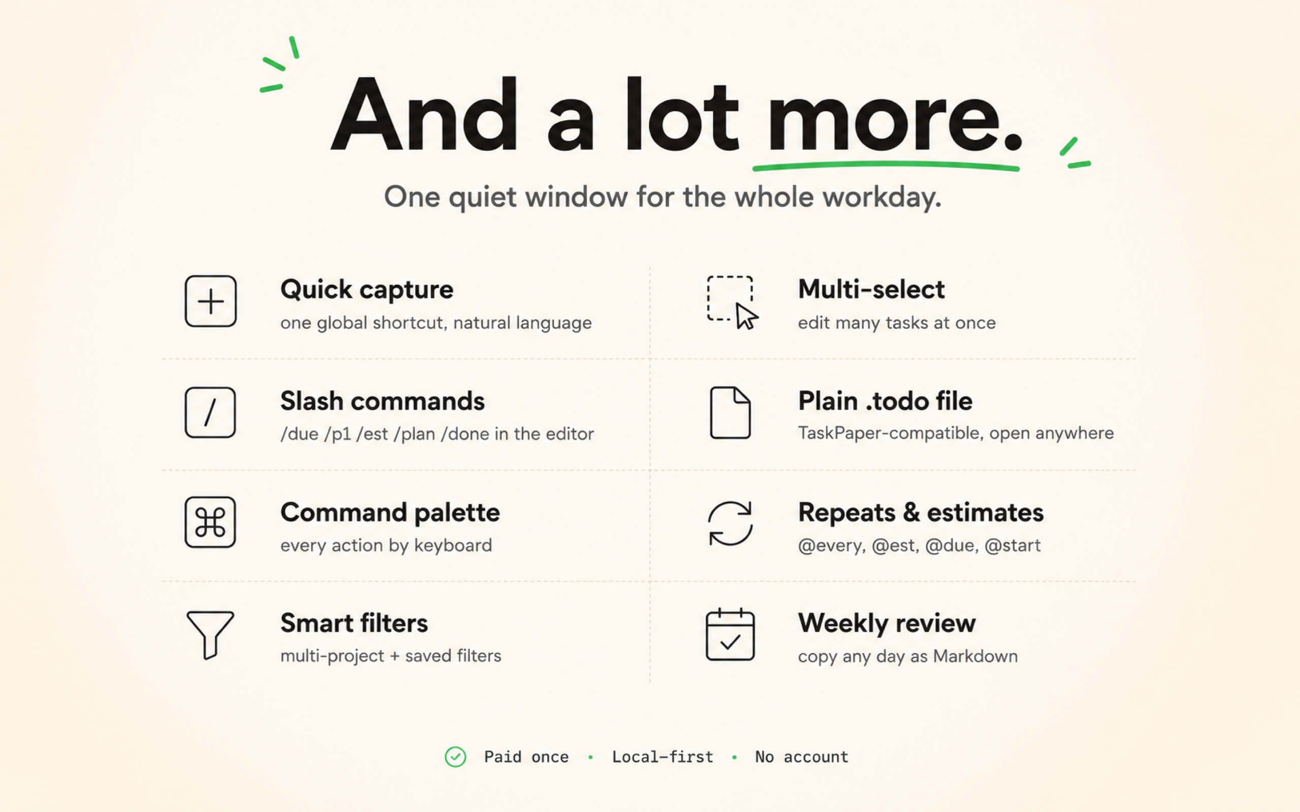 Plainlist features — quick capture, slash commands, command palette, smart filters, repeats and estimates, weekly review.