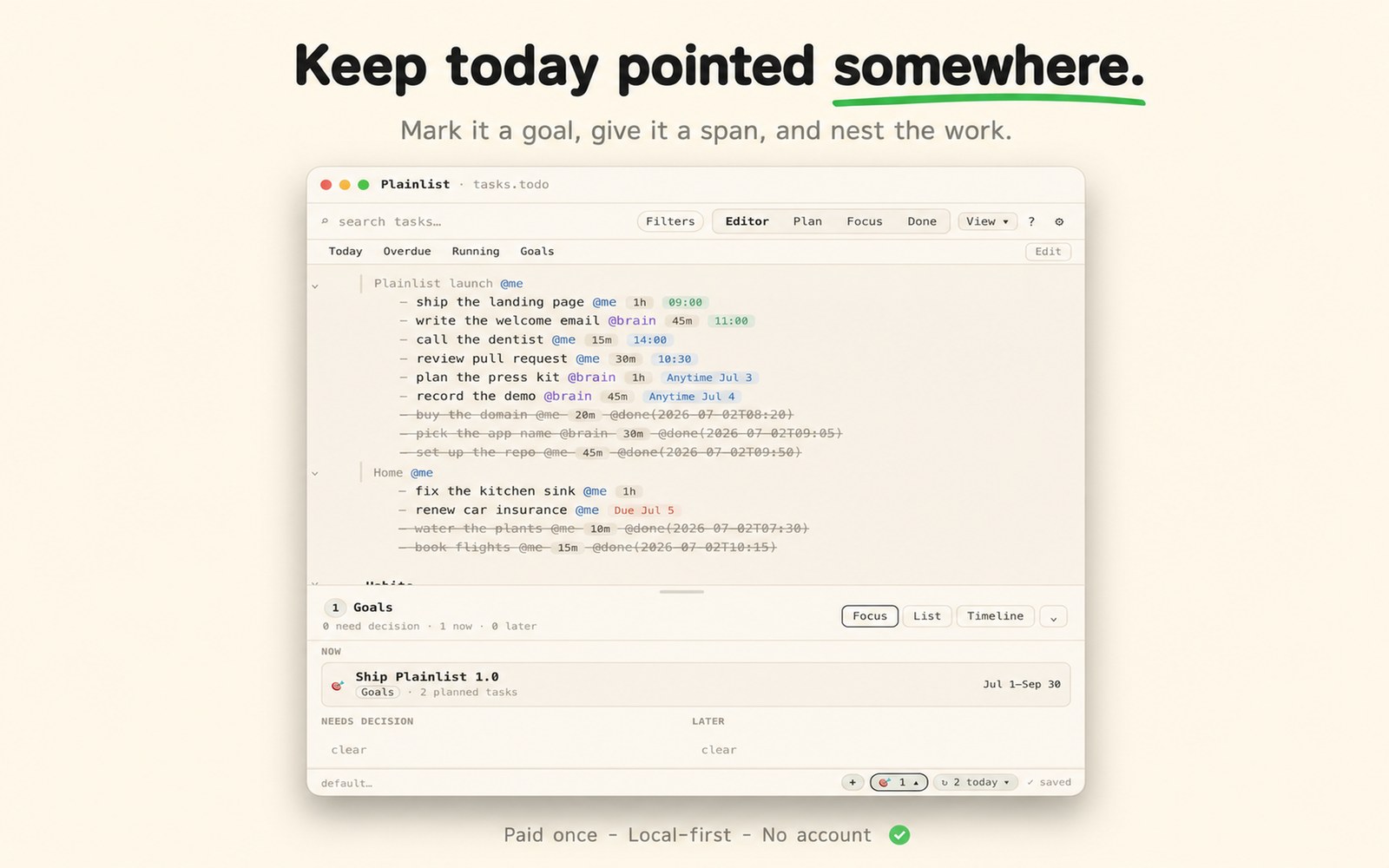 Plainlist Goals — mark an outcome a goal, give it a span, nest the work.