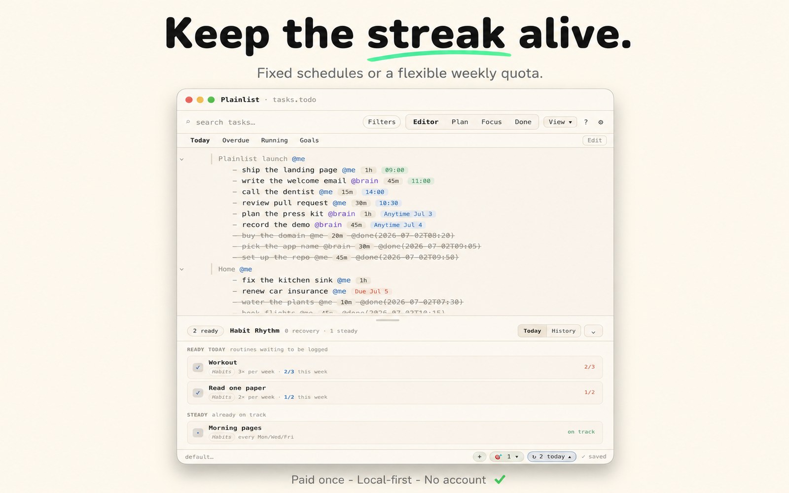 Plainlist Habits — a Habit Rhythm drawer with fixed schedules and weekly quotas.