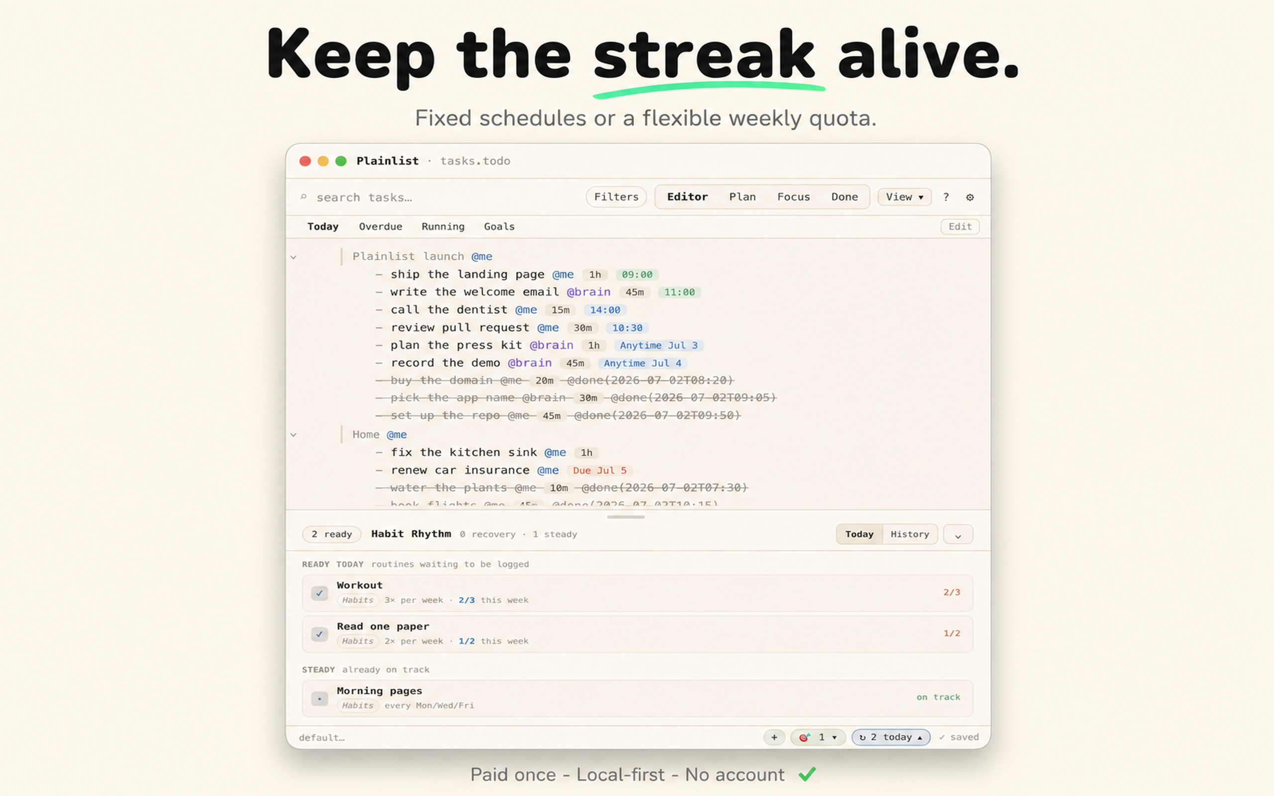 Plainlist Habits — a Habit Rhythm drawer with fixed schedules and weekly quotas.