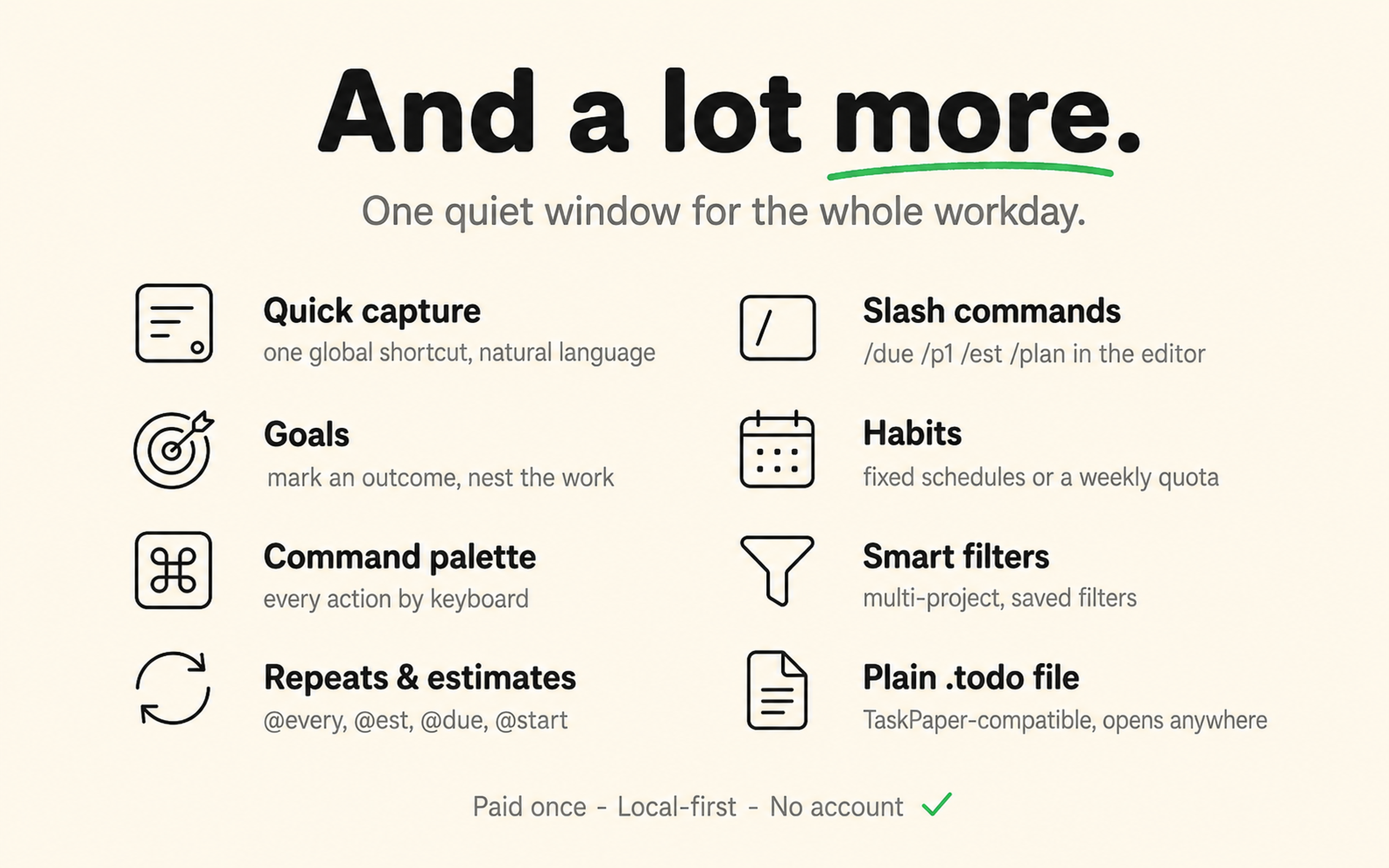 Plainlist — and a lot more: quick capture, slash commands, command palette, smart filters, repeats, weekly review, Goals and Habits.