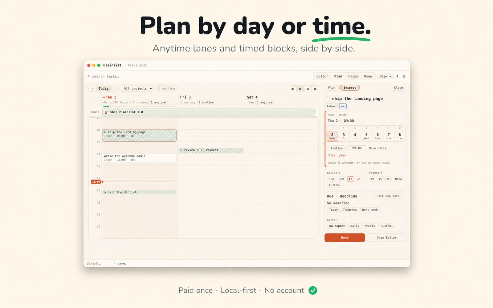 Plainlist Plan — plan by day or time on a grid.