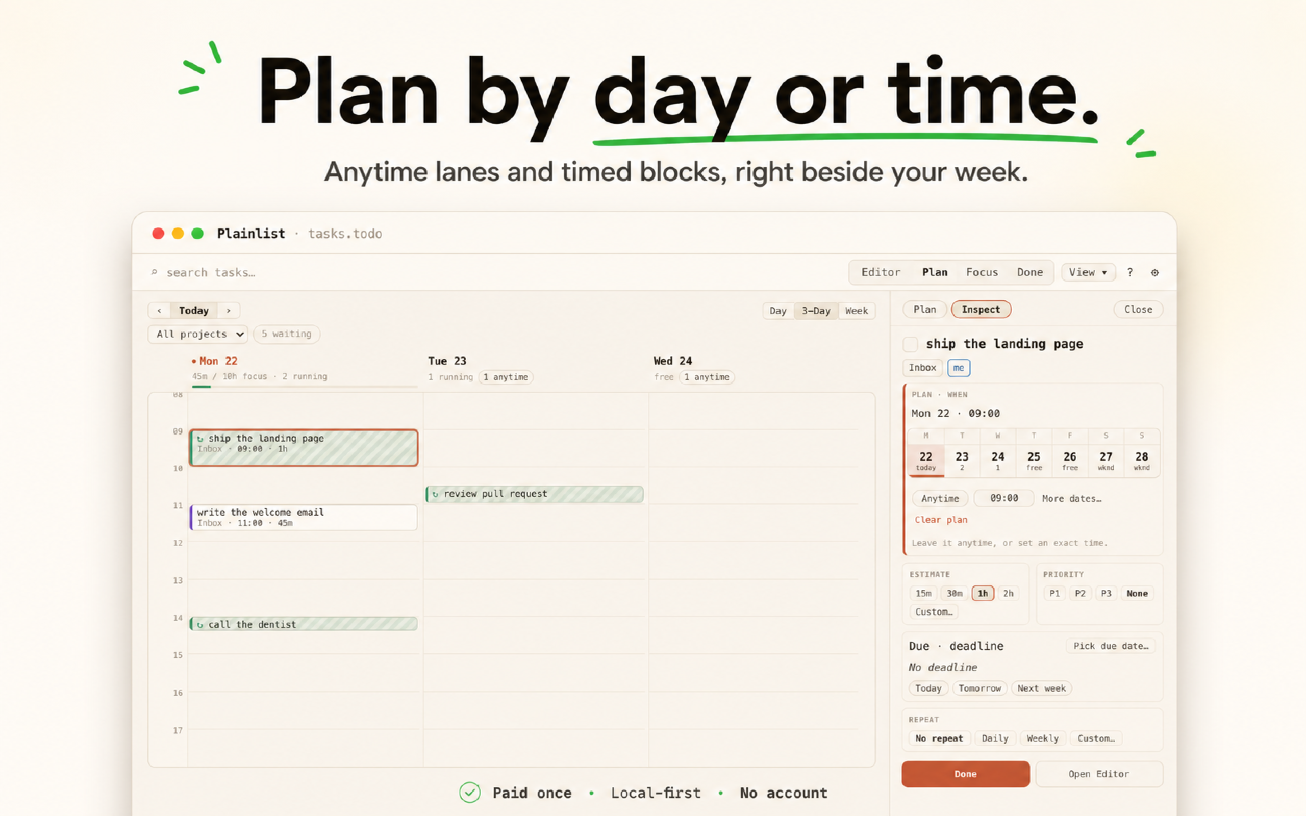 Plainlist Plan view — plan tasks by day or exact time on a grid.