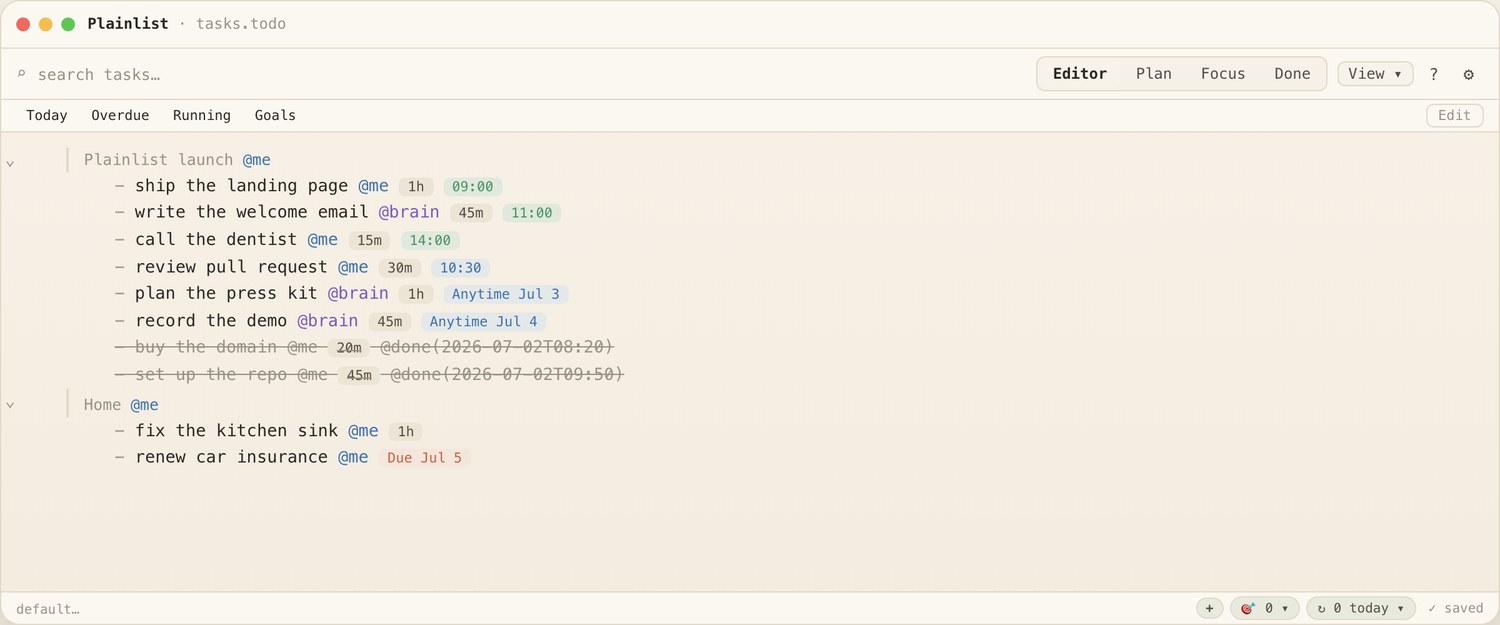 Plainlist Editor — a project with tasks and indented subtasks, inline @est and time tags, no forms.