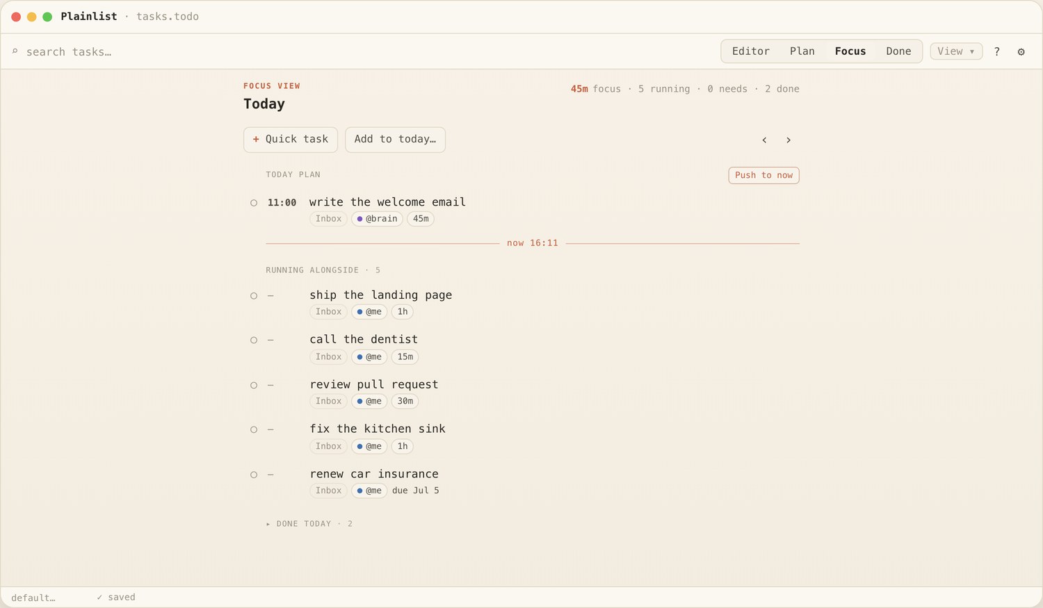 Plainlist Focus view — today's plan and nothing else.