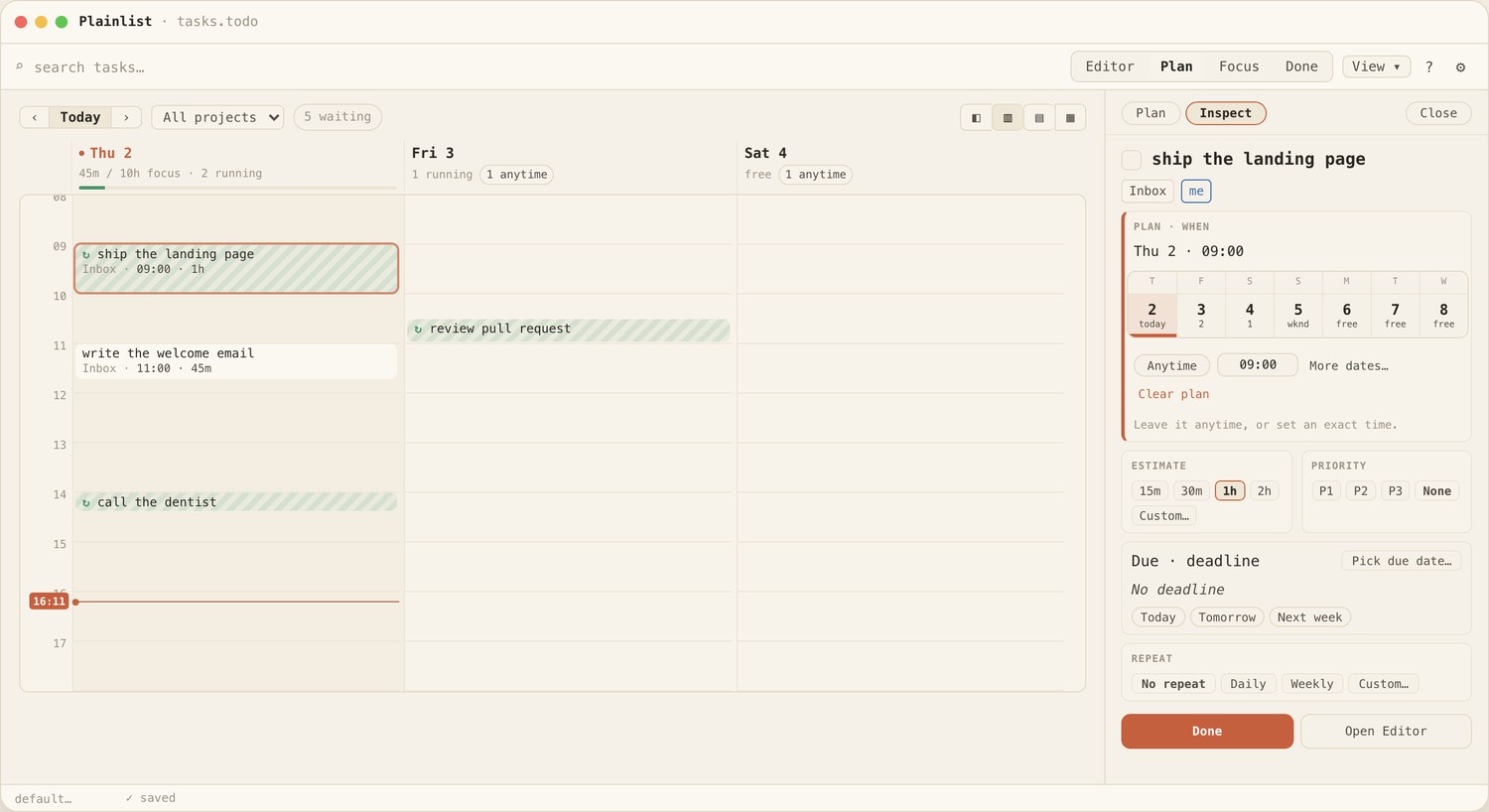 Plainlist Plan view — a day/week grid with anytime lanes and timed blocks.