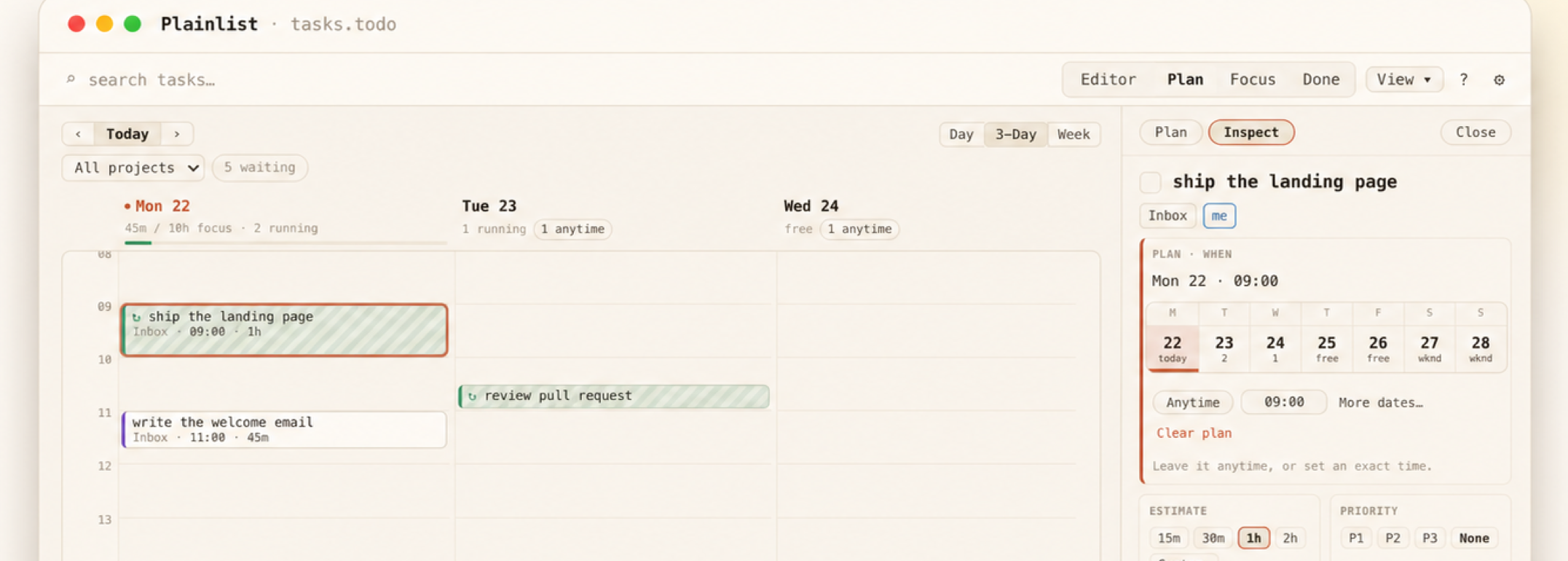 Plainlist Plan view — a day/week grid with anytime lanes and timed blocks.